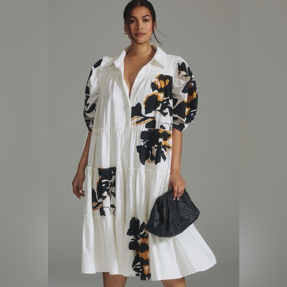 Anthropologie forever that girl puff sleeve shirt dress white & black fl… - Picture 2 of 10